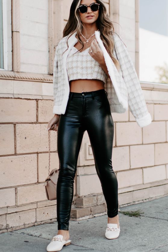 begavet med ynde, houndstooth pels trimmet jakke NanaMacs XJPBDL1645 fløde