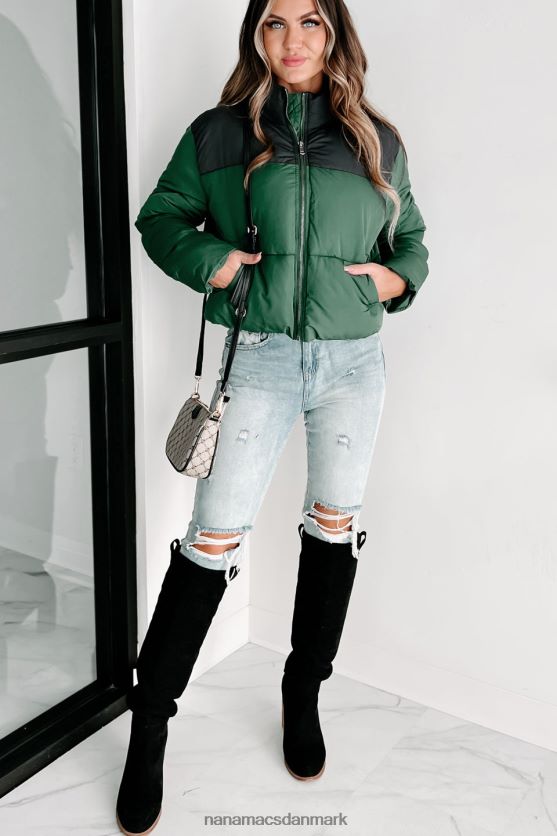 jeg er aldrig kold colorblock pufferjakke NanaMacs XJPBDL3800 jægergrøn