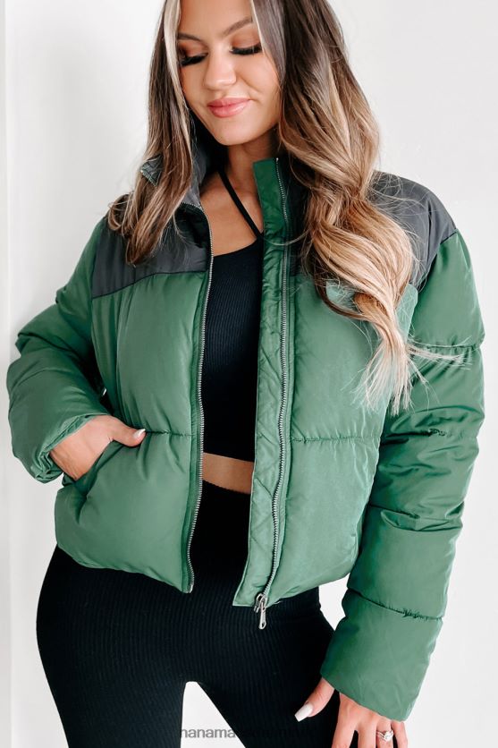 jeg er aldrig kold colorblock pufferjakke NanaMacs XJPBDL3800 jægergrøn