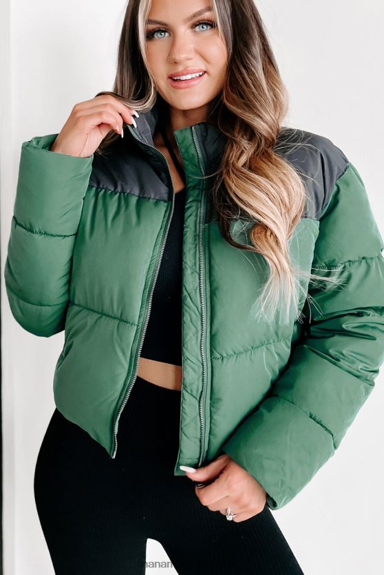 jeg er aldrig kold colorblock pufferjakke NanaMacs XJPBDL3800 jægergrøn