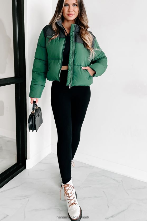 jeg er aldrig kold colorblock pufferjakke NanaMacs XJPBDL3800 jægergrøn