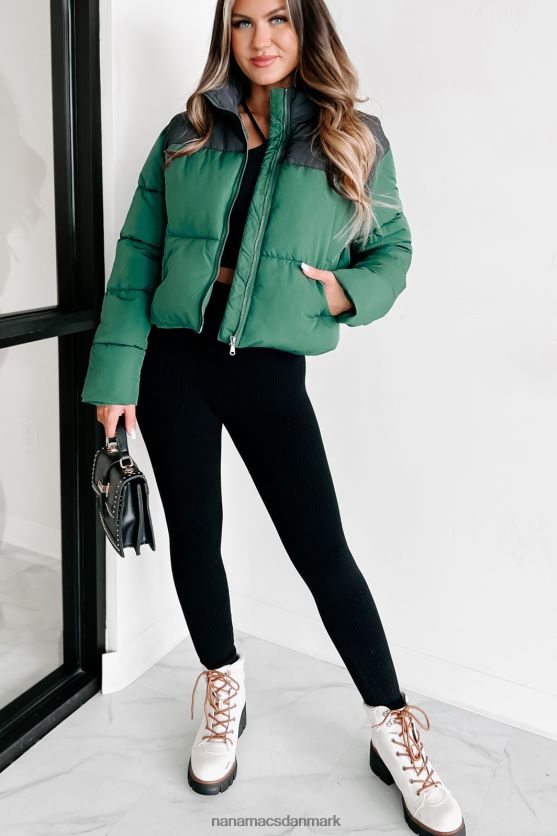 jeg er aldrig kold colorblock pufferjakke NanaMacs XJPBDL3800 jægergrøn