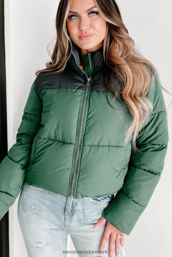 jeg er aldrig kold colorblock pufferjakke NanaMacs XJPBDL3800 jægergrøn