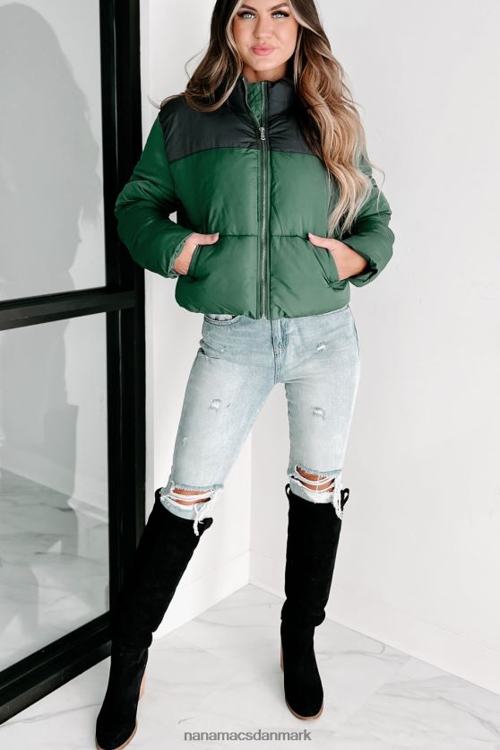 jeg er aldrig kold colorblock pufferjakke NanaMacs XJPBDL3800 jægergrøn