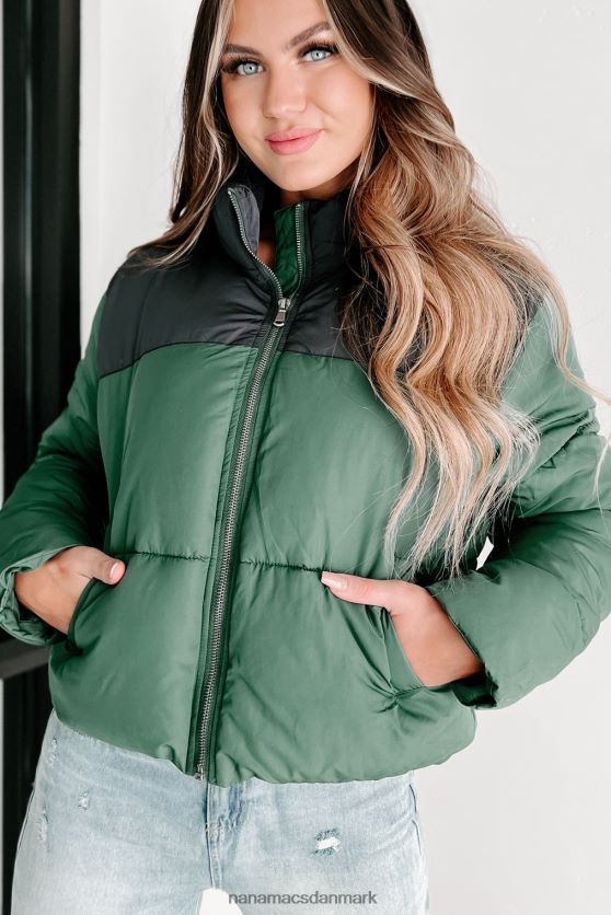 jeg er aldrig kold colorblock pufferjakke NanaMacs XJPBDL3800 jægergrøn