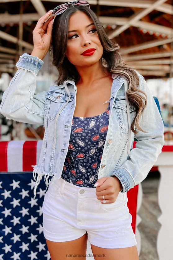 lourdes hættebeklædt flosset kant hævet cropped denimjakke NanaMacs XJPBDL3825 lys