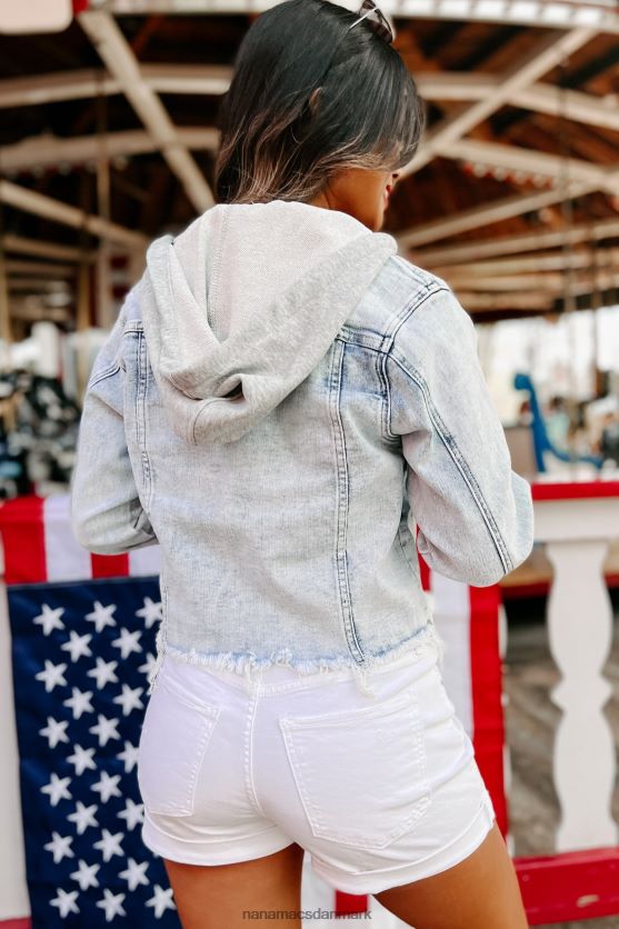 lourdes hættebeklædt flosset kant hævet cropped denimjakke NanaMacs XJPBDL3825 lys
