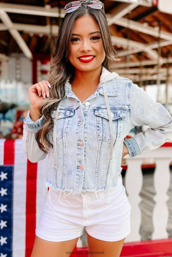 lourdes hættebeklædt flosset kant hævet cropped denimjakke NanaMacs XJPBDL3825 lys