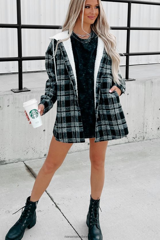 rundt om ilden sherpaforet plaidjakke med hætte NanaMacs XJPBDL3818 sort