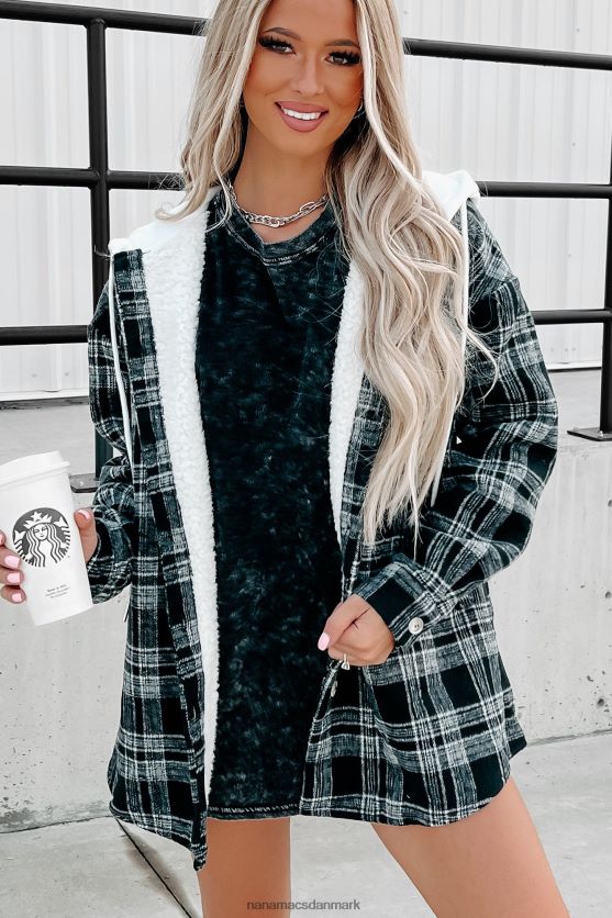 rundt om ilden sherpaforet plaidjakke med hætte NanaMacs XJPBDL3818 sort