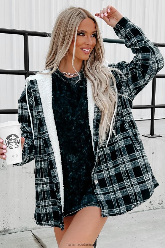 rundt om ilden sherpaforet plaidjakke med hætte NanaMacs XJPBDL3818 sort