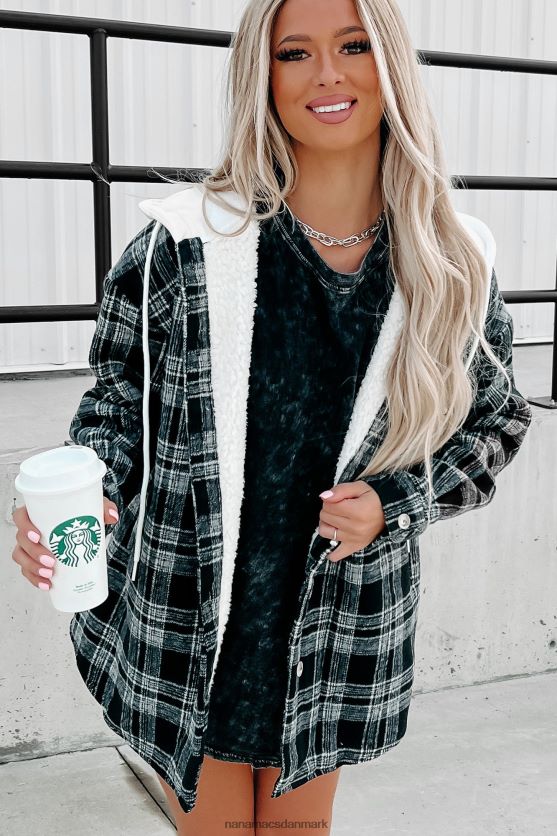 rundt om ilden sherpaforet plaidjakke med hætte NanaMacs XJPBDL3818 sort