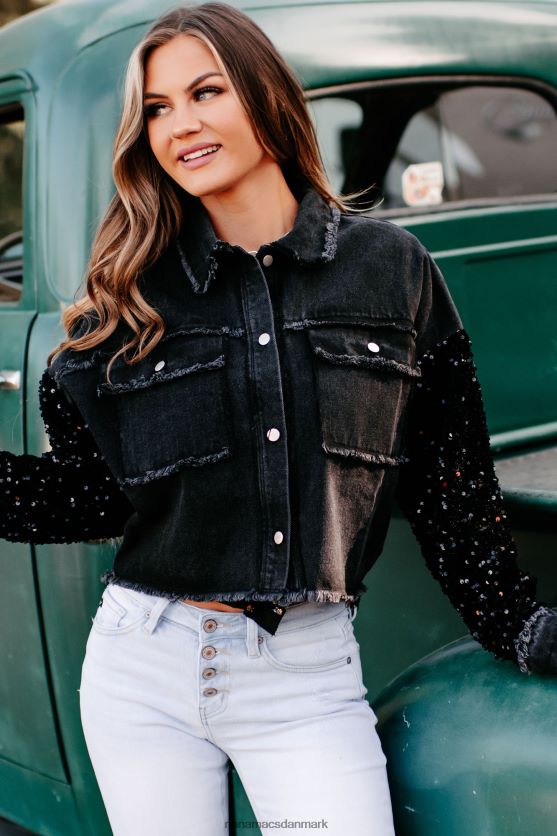 slip dine bekymringer pailletærmet denimjakke NanaMacs XJPBDL3775 sort