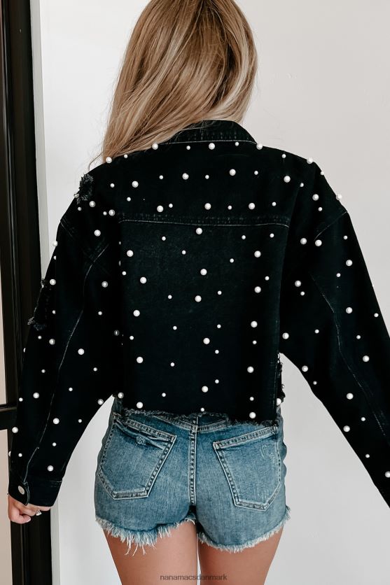 smuk som en perle-perleudsmykket cropped denimjakke NanaMacs XJPBDL3773 sort