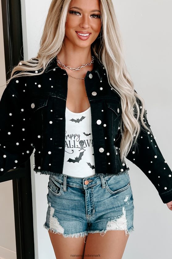 smuk som en perle-perleudsmykket cropped denimjakke NanaMacs XJPBDL3773 sort