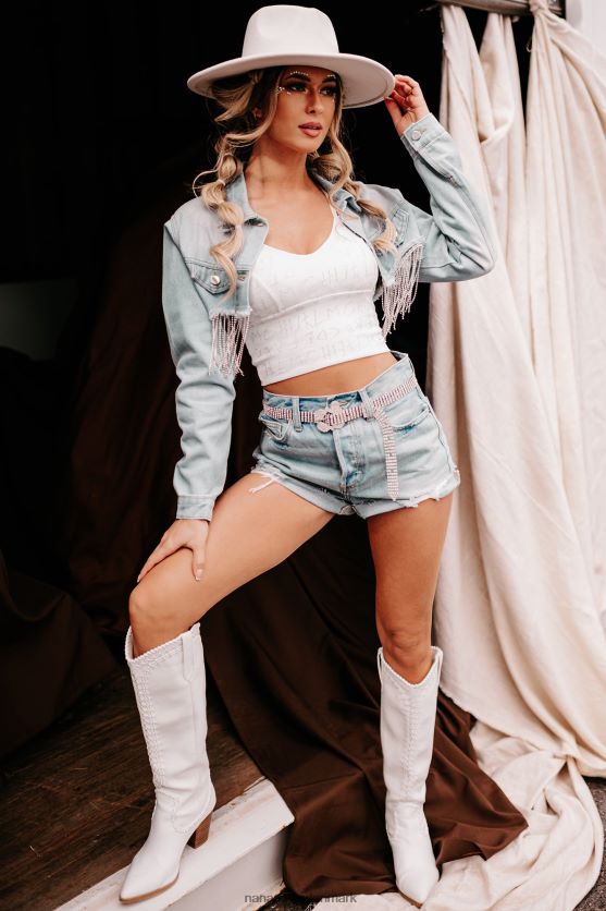 so far so good cropped rhinestone frynser denim jakke NanaMacs XJPBDL3755 let denim