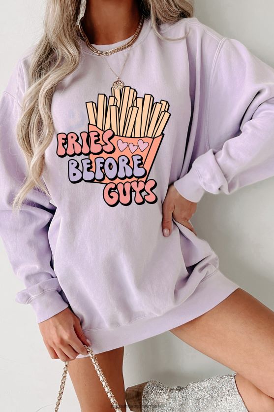 retro "fries before guys" grafisk crewneck NanaMacs XJPBDL1038 orkidé