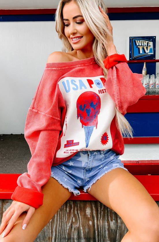 usa popfestival med ledning med grafisk crewneck NanaMacs XJPBDL1013 rød